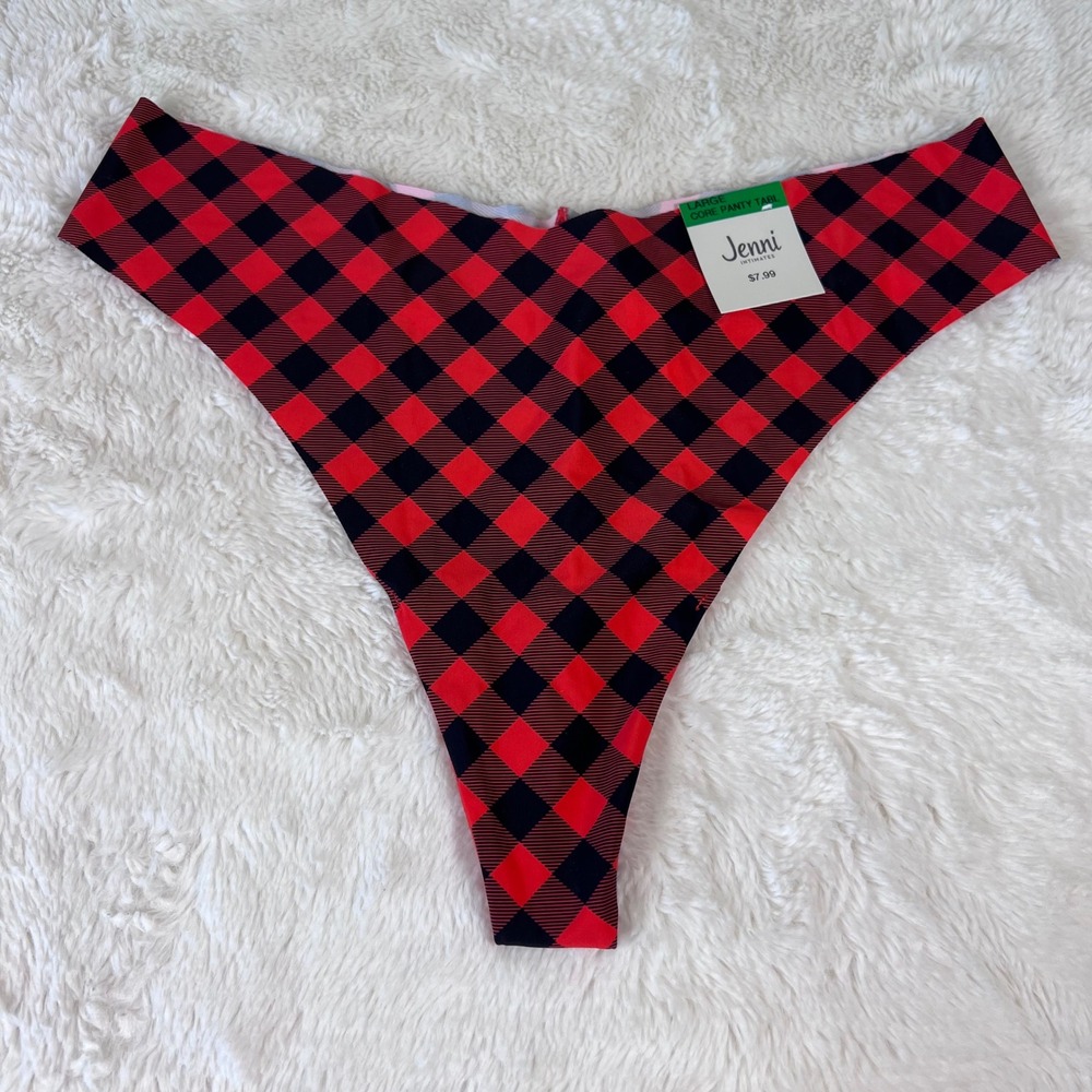 Jenni Intimates‎ Womens Buffalo Plaid Thong Panty Red Black Seamless 100156650 L